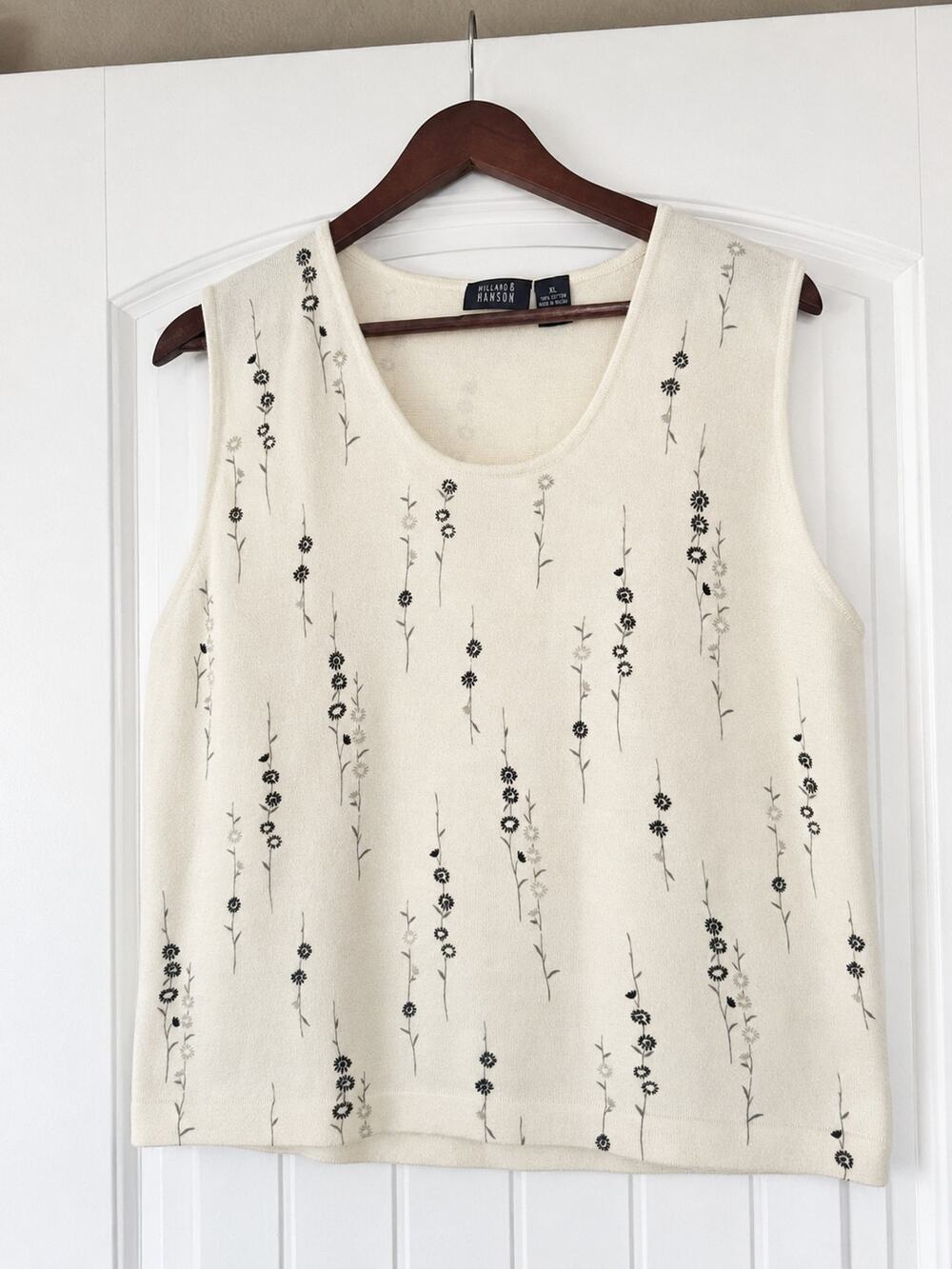 Hillard & Hanson Women's XL Ivory Floral Sleeveless Knit Tank Top 100% Cotton